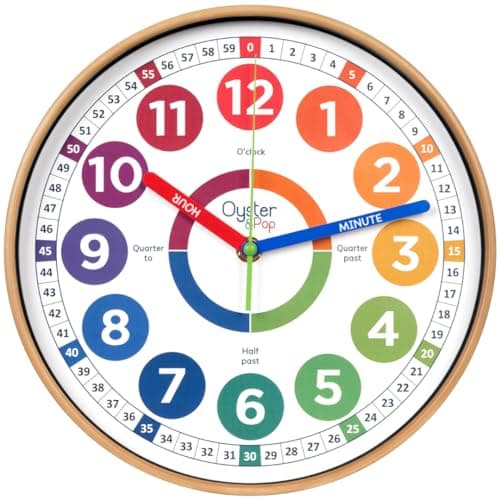 Image of Oyster&Pop Learning Clock for Kids - Silent Telling the Time Teaching Clocks - Non-Ticking Kids Clocks for Bedrooms - Classroom Clock for Teaching Time - Children Learn to Tell Time Easily
