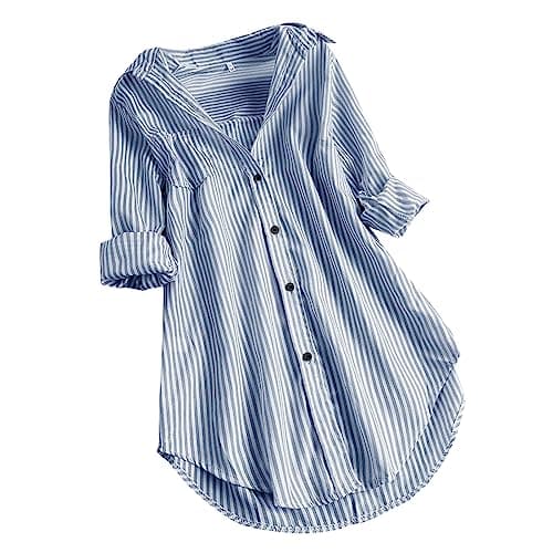 Image of Keepink Womens Long Sleeve Shirt Tops Casual Button Down Striped Shirts V Neck Collared Roll Up Blouses Oversized Dressy Tunic Top Tees Office Work Tshirt Plus Size S-5XL Sale