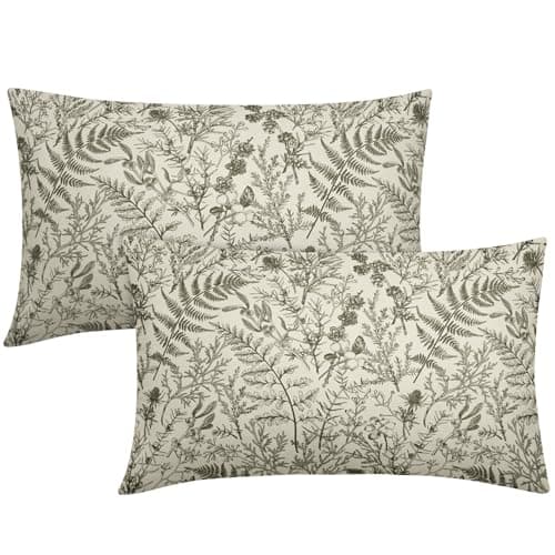 Image of sorfbliss Olive Green Floral Pillow Covers 12x20 Set of 2 Botanical Print Vintage Spring Flower Plant Cream Rectangle Decorative Lumbar Throw Pillow Cases Outdoor Farmhouse Decor for Sofa Couch Bed