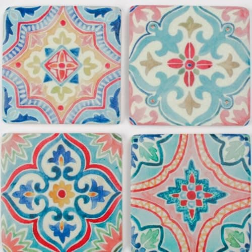 Image of Ceramic Morrocan Geometric Tile Drink Coasters Set of 4 Cork Backed Table Mats