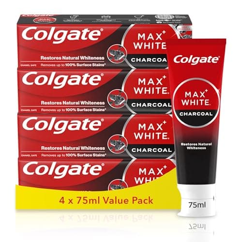 Image of Colgate Max White Charcoal Toothpaste - Activated Charcoal Toothpaste - Clinically Proven to Remove up to 100 Percent Surface Stains* - Toothpaste Multipack - 4 Pack - 75ml Tubes