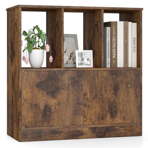 Image of COSTWAY 3-Cube Bookcase with Doors, Modern Bookshelf Open Storage Organizer Unit, Freestanding Cupboard Book Shelf for Home Office, Study and Living Room (Rustic Brown)