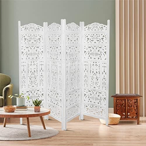 Image of Topfurnishing 4 Panel Room Divider Free Standing Mango Wood Hand Carved Folding Screen Partition Privacy Screen Decorative Headboard (Leaves Design, White, 200 x 180 cm)