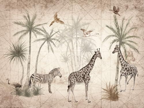 Image of Grandeco Animal Jungle Giraffe Zebra Palm Trees 7 Lane Wallpaper Mural Beige 2.8 x 3.71m ML1501