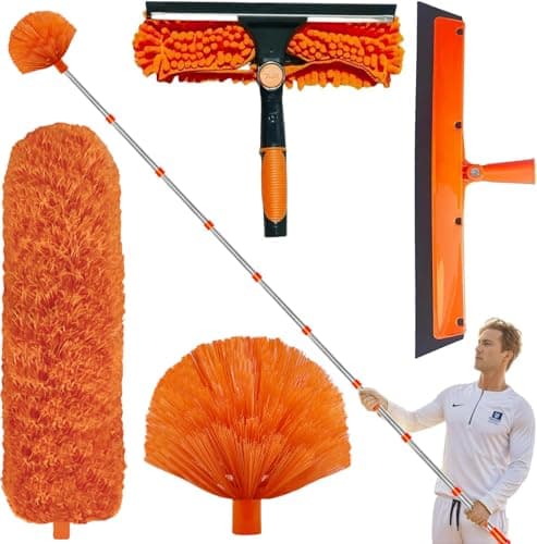 Image of 20+ Feet High Reach Duster Kit with 3-14 ft Extension Pole // High Ceiling Dusting and Window Cleaning Kit with Spliceable Pole - Window Washer & Squeegee, Cobweb Duster, Fan Blade and Feather Dusters