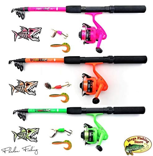 Image of Fladen Children's Fishing Starter Set, Tele Spinning Combo Green/Orange/Pink, Telescopic Rod, Reel Line, Spinner & Twister, Green, 1,65m