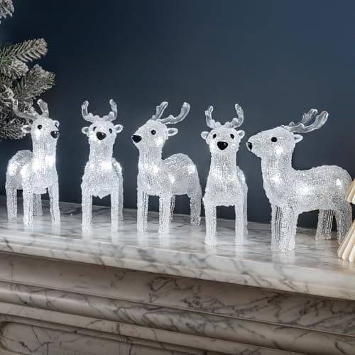 Image of CHRISTOW Light Up Reindeer Acrylic Christmas Decorations, Set of 5, Battery Powered with Timer, 30 Static White LED Lights, Indoor & Outdoor Weatherproof Ornaments, 17cm x 16cm x 5cm
