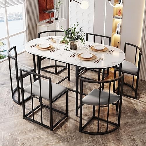 Image of BTM Dining Table and Chairs Set 6, Dining Room Sets, Black Iron Frame Dining Table with 6 Chairs & Grey Cushion, MDF White Marble Tabletop