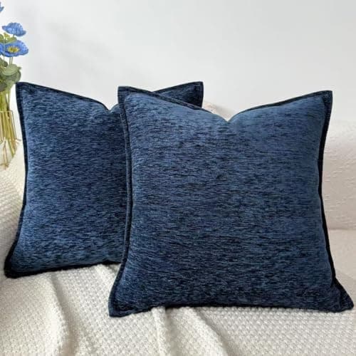 Image of OYIMUA Textured Chenille Cushion Covers 45 x 45 Soft Square Pillow Cases 2 Pack Navy Blue Cushion Cover 18x18 Luxury Neutral Decorative Pillows Modern Sofa Home Decor