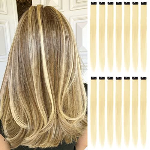 Image of 16Pcs Colored Clip in Hair Extensions, 22 Inch Colorful Highlights Hairpieces Straight & Long Heat-Resistant Synthetic Hair Accessories for Kid Girls Women Party Hair Decor (16Pcs-Blonde)
