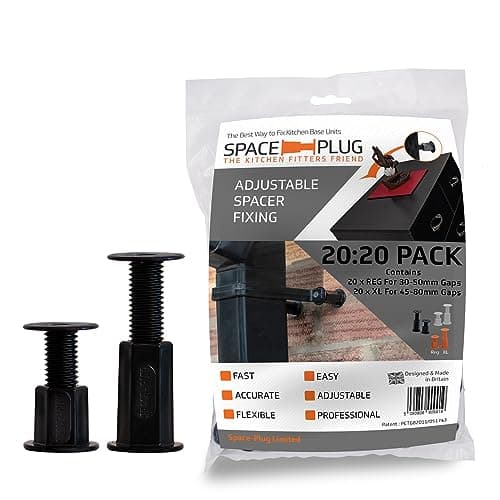 Image of Space-Plug Adjustable Spacer Fixings, 40 Pack of Black Spacers, (20 Regular size for 30-50mm gaps, 20 XL size for 45-80mm gaps), Professional & DIY use for kitchen, bedroom & bathroom installations