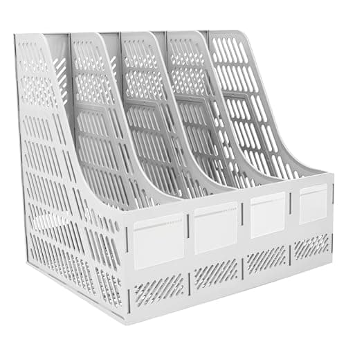 Image of Elezeal Grey Magazine File Holder - Sturdy HIPS Plastic, 4-Compartment A4 Vertical Book Organiser with Hollow Design, Durable Desktop Document Storage Rack for Office, School, Home