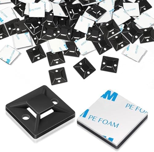 Image of 100 Pcs Cable Tie Mount 28 x 28mm, Black Self Adhesive Wire Tie Base Holders, Sticky Zip Tie Pads Clips for Home Office Cables Management