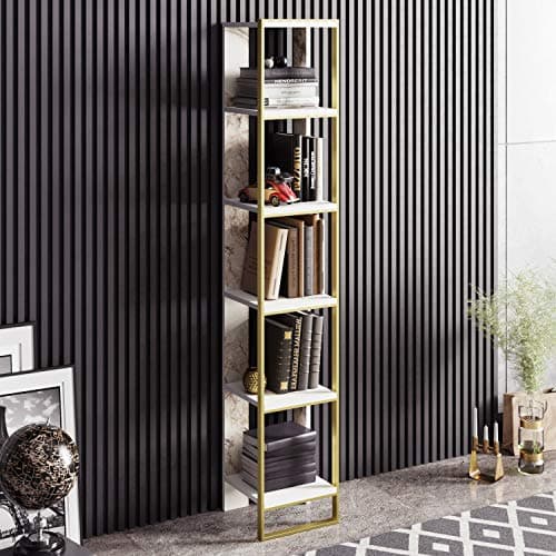 Image of DECOROTIKA - Polka Natural Marble Pattern Bookcase - Corner Unit Bookshelf - Modern Decorative Shelving Unit (Ephesus White)