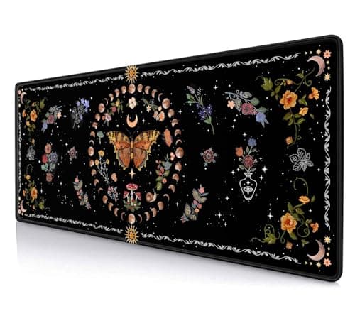 Image of SXCKANG Gothic Moth Desk Pad Mat, Black Orange Large Mousepad, Moon Phases Desk Matt for Desktop, Suitable for Work, Gaming, Office, Home, Computer Accessories, 31.5 X 11.8 in, Floral Plant Aesthetic