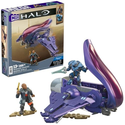 Image of MEGA Halo The Series Vehicle Building Toys Set, Renegade Banshee Aircraft with 205 Pieces, 2 Micro Action Figures, Purple, Kids and Fans, HNC56