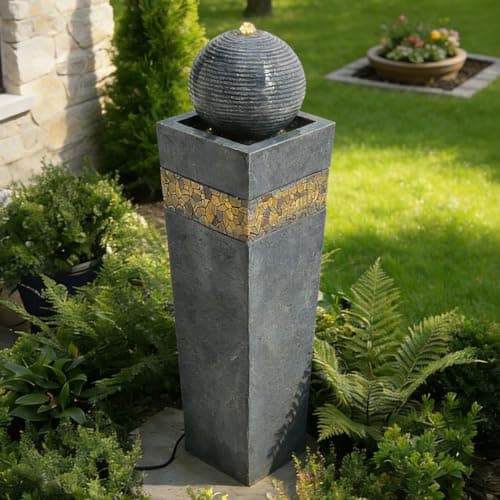 Image of Warmiehomy 80 cm Water Features for the Garden, Modern Square Pillar Garden Water Features with Sphere Top & LED Light, Waterfall Indoor/Outdoor Fountain for Garden, Patio, Porch Home Decor