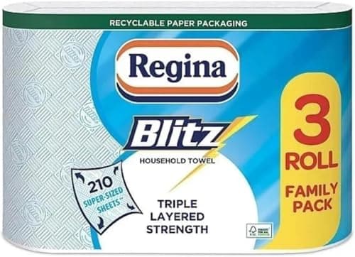 Image of Blitz Kitchen Roll Paper Towels 3 Ply, Lint Free, 70 Sheets Per Roll, Extra Large Sheets for Household Cleaning, Glass, Glossy Surfaces (W, 3 Rolls)