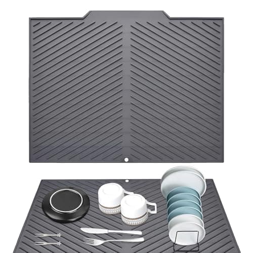 Image of Silicone Dish Drying Mat, 51x42CM Silicone Draining Mat for Kitchen Sink, Draining Board Mats, Dish Drainer Mat with Non-Slip Design, Heat Resistant Trivet Countertop Protector, Easy to Clean, Grey