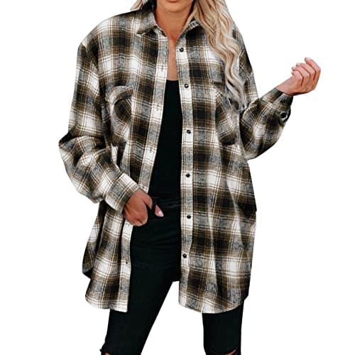 Image of Generisch T-Shirt Women's Flannel Plaid Lightweight Thin Jacket Shirts Raglan Long Sleeve Button Down Chest Pocket Shirts Coats Shacket, brown, XL