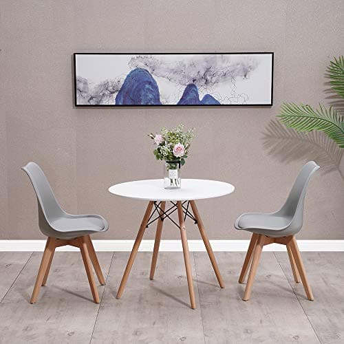 Image of Homcasa Dining Table and Chairs Set, Modern Compact Round KitchenTable, 2 Retro Lorenzo Chair with Solid Wood Legs for Home Office Lounge (Grey)
