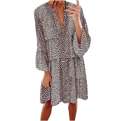 Image of Zeiayuas Women V Neck 3/4 Sleeve Midi Dress Floral Print Ruffle Casual Short Dresses Loose Beach Holiday Sundress Ladies Summer Casual Dresses UK