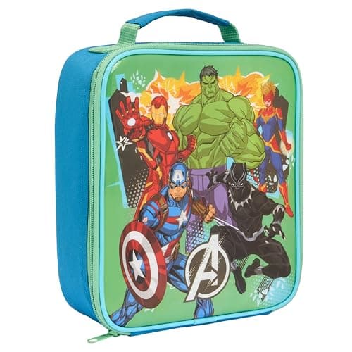 Image of Marvel Avengers Kids Insulated Lunch Bag with Ironman, Hulk, Captain America, Black Panther, Captain Marvel, Carry Handle, Green and Blue, Wipe Clean Lining, Name Tag