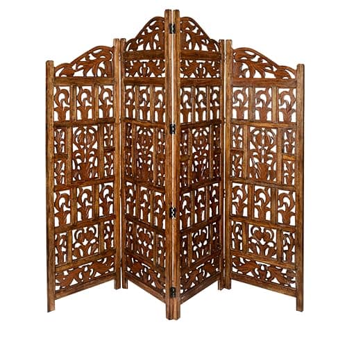 Image of Topfurnishing 4 Panel Room Divider Free Standing Mango Wood Hand Carved Folding Screen Partition Privacy Screen Decorative Headboard (Gamla Design, Light Brown, 200 x 180 cm)