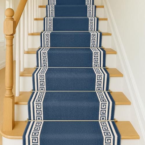 Image of Bravich RugMasters Greek BLUE Rubber Backed Non Slip Machine Washable Very Long Hallway Hall Runner Narrow Rugs Custom Length Stair Mats 2'2"x3'FT (66x91cm)