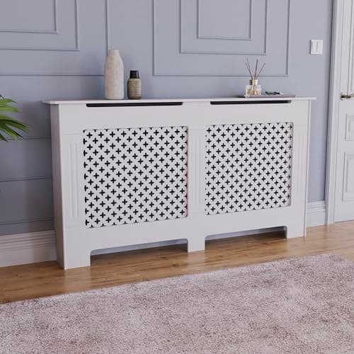 Image of Vida Designs Oxford Radiator Cover White - Large - Traditional Cross Pattern Design for Optimal Heat Circulation - H82xW152xD19cm - Painted MDF Cabinet Ideal For Living Room & Hallway