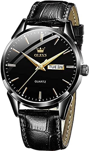 Image of OLEVS Men Watch Black Leather Strap Large Face Analog Quartz Classic Dress Date Luminous Waterproof Gents Wrist Watch
