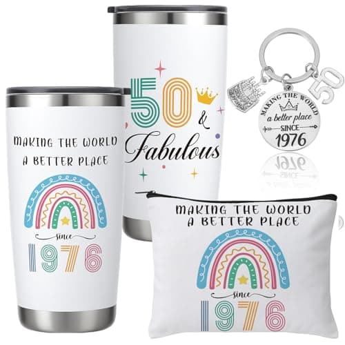 Image of saerryor 50th Birthday Gifts for Women 1976 Personalised Mug Insulated Tumbler Makeup Bag Keyring Mum Gifts from Daughter Son Thank You Presents for Wife Auntie Friends Sisters Teachers Colleagues