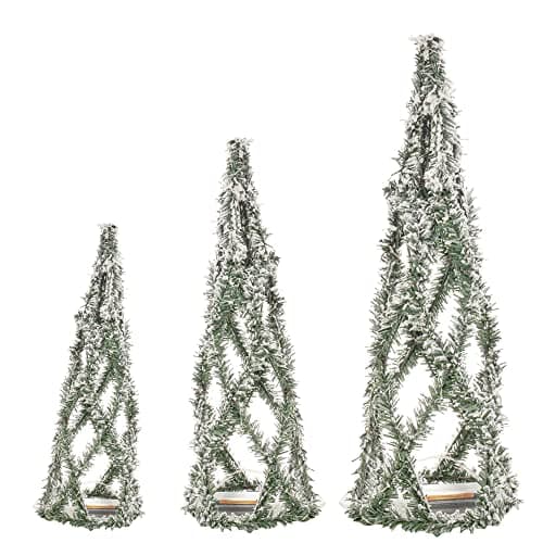 Image of URBNLIVING 3 Pcs Light Up LED Christmas Tree Cones, Xmas Cone Pyramids with LED Fairy Light Strings for Home Decor Window Display, 40-80cm Tall, 3 x AA Batteries (Green And White Snow)