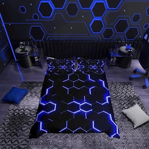Image of Loussiesd Honeycomb Bedding Set Neon Light Geometric Single Bed Cover for Kids Boys Duvet Cover Soft Microfiber Blue Black Hexagonal Comforter Cover Zipper with 1 Pillow Cases