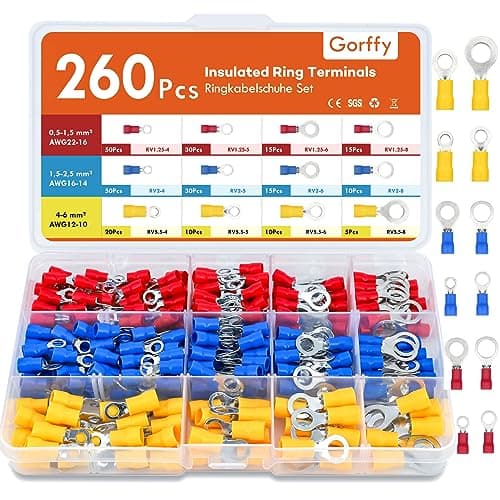 Image of Gorffy Ring Terminals, 260PCS Electrical Crimp Connectors, AWG22-10 Crimp Terminals, Insulated Wiring Connectors, Ring Electrical Wire Connectors for Wiring