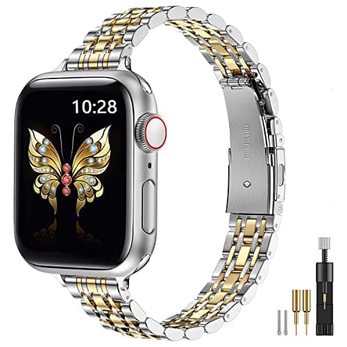 Image of MioHHR Slim Straps Compatible with Apple Watch Strap 38mm 40mm 41mm 42mm(Series 11/10),Thin Stainless Steel Metal Chain Band for Women iWatch Straps Series 9 8 7 6 5 4 3 2 1 SE,Silver/Gold