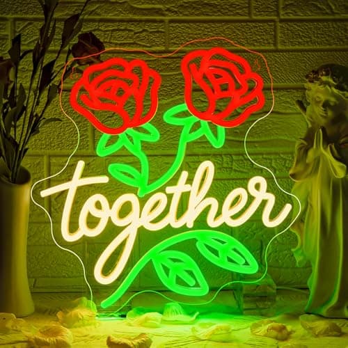 Image of Looklight Red Rose Flower Together Neon Light Sign, Neon Signs for Wall Decor, LED Sign Room Decor, Light Up Signs for Wedding Anniversaries Valentine's Day Engagements Christmas Gifts, 32x33cm