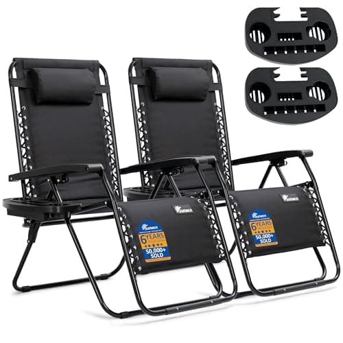 Image of SUNMER Padded XXL Sun Lounger Garden Chairs - Extra Wide Set of 2 Zero Gravity Chairs with Cup & Phone Holder, Adjustable Headrest & Pillow - Folding Deck Recliner Outdoor Seating - Black