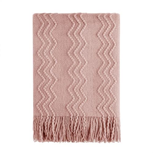 Image of BOURINA Textured Solid Soft Sofa Throw Couch Cover Knitted Decorative Blanket, Pink, 152x203cm