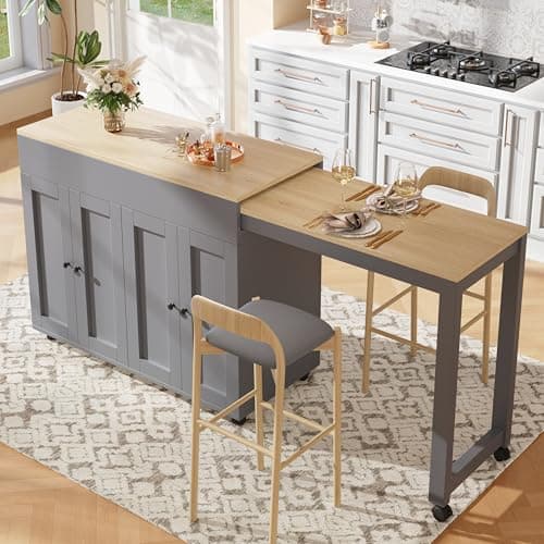 Image of BTM Mobile Kitchen Island with Breakfast Bar, Extendable Bar Table Extending Dining Table with Storage for Dining Room, Gray