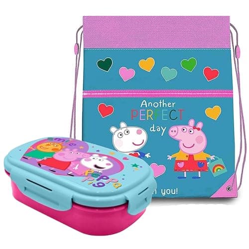 Image of HOVUK Pack of 2 Peppa Pig 3D School Bag and Lunch Box with Cutlery, Drawstring Gym Bag, Microwave Safe, Back to School Gift for Girls 3+Y