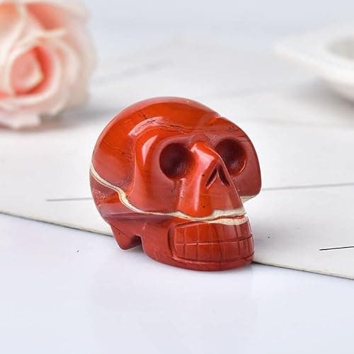Image of NHKSFBLQ Stone Skull Amethyst Skull Crystal Crafts Home Decoration Polished Figurine Halloween Ornaments Gift (Color : Red Jasper, Size : 1.5inch)