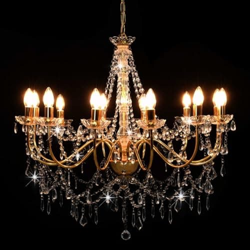 Image of Vopese Chandelier with Beads Golden, 12 x E14 Bulbs Crystal Droplet Design Antique Style for Home and Commercial Decor