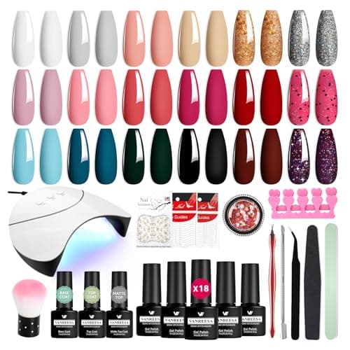 Image of VANREESA Gel Nail Polish Set with Lamp Starter Kit, 18 Colours Gel Nail Kit Classic Popular Pink Red Glitter Soak Off Gels Polish Set with Manicure Tools Nails Salon Set Gifts for Women
