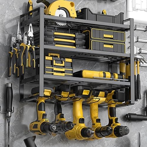 Image of INMOZATA Power Tool Organizer,4 Layers Metal Tool shelf with 4 Drill Holders,Floating Tool Shelf Wall Mounted Tool Storage Rack with Side Screwdriver Rack for Garage, Home, Workshop(Black)