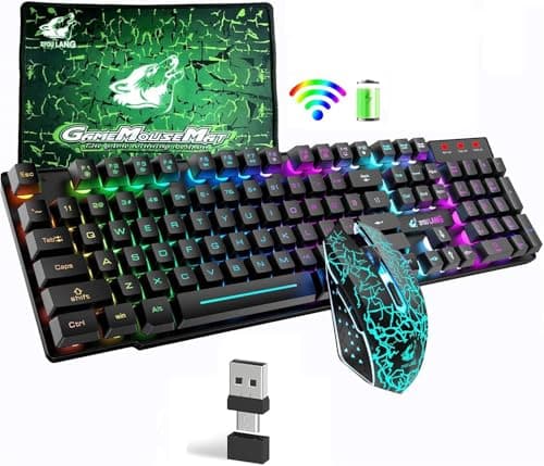 Image of Wireless Keyboard Mouse Combo, 2.4G Rechargeable 3000mAh Battery 104 Key Gaming Keyboard USB/Type-C Dual Receiver + 2400DPI 6 Buttons Optical Rainbow LED Gaming Mouse + Mouse Pad for PC Laptop-Black