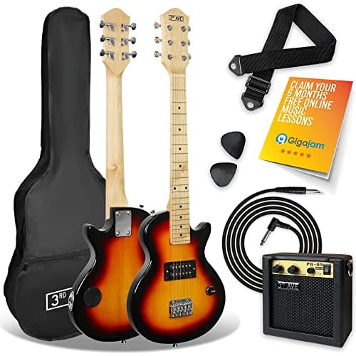 Image of 3rd Avenue 1/2 Size Kids Rock Electric Guitar Pack for Junior Beginners – 6 Months FREE Lessons, 5W Portable Amp, Cable, Bag, Picks and Strap – Sunburst