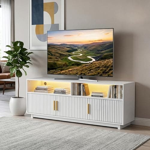 Image of Karl home TV Stand Cabinet up to 55/60/65", 160cm TV Unit with 3 Fluted Modern Doors and 2 Open Cabinets, 16 Colors LED Lighted Console Table, Wooden Storage for Living Room White
