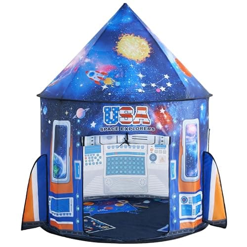 Image of JOYIN Kids Play Tents Indoor Outdoor, Rocket Ship Play Tent, Astronaut Spaceship Space Night Sky Themed Pretend Playhouse, Pop Up Tent for Kids, Birthday Gifts for 3 4 5 6 7 8 Year Old Boys & Girls