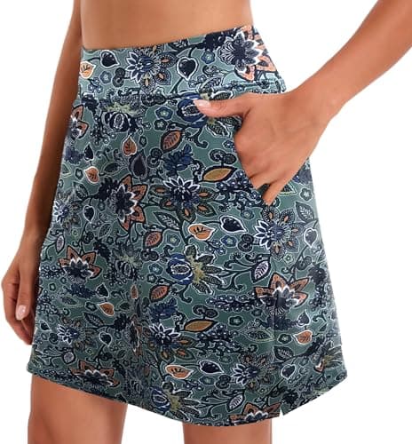 Image of Oyamiki Fashion Skorts with Stretchy Inner Shorts Golf Clothes A Line High Waisted Skirt Casual Gym Wear Flower Leave Green L